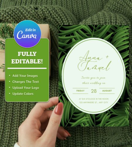 Modern Palm Leaf Wedding Invitation Template fully editable