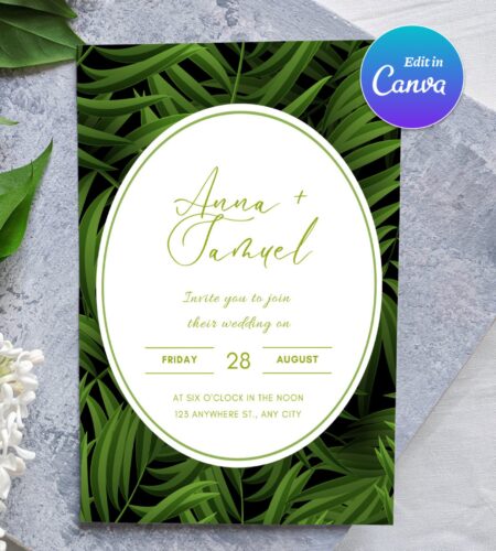 Modern Palm Leaf Wedding Invitation Template - Edit in Canva