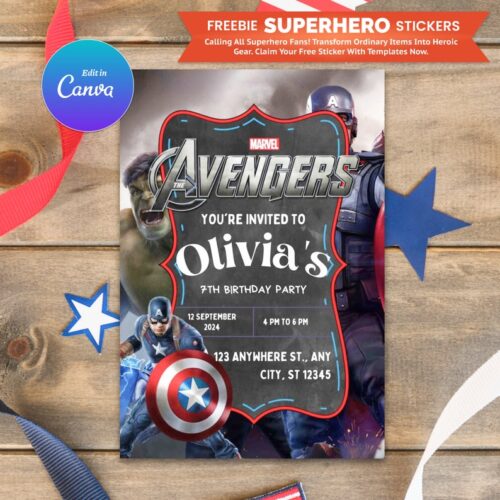 Superhero Avengers birthday invitation card